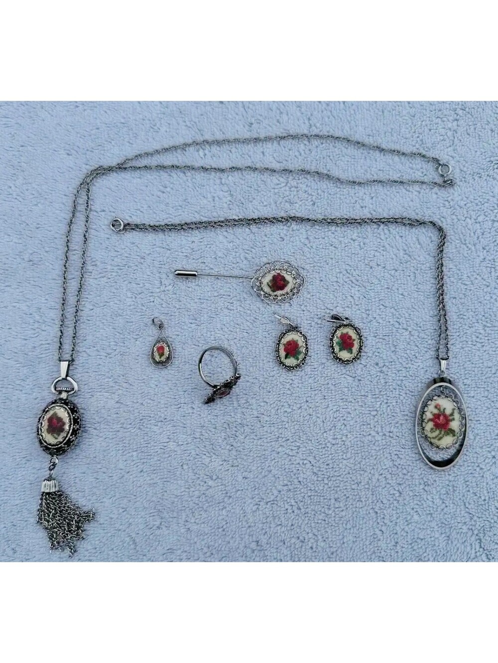 Vintage Petit Point Embroidered Rose Jewelry Set Tassel Necklace Ring Earrings